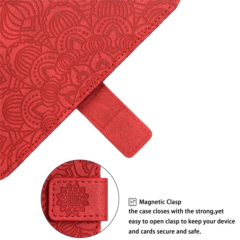 For Samsung Galaxy A22 5G (EU Version) PU Leather Wallet Case Mandala Flower Imprinted Folio Flip Stand Phone Cover - Red-6