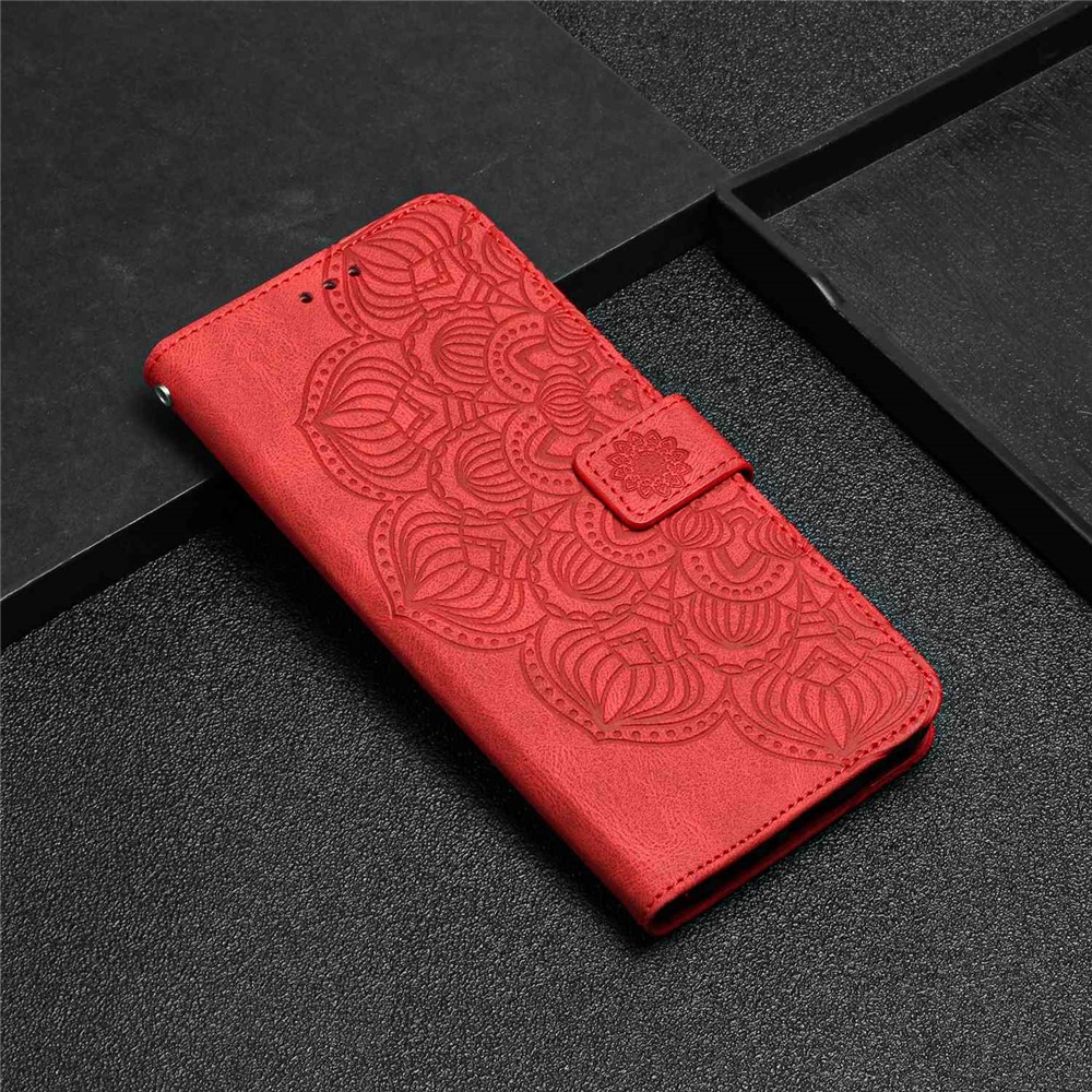 For Samsung Galaxy A22 5G (EU Version) PU Leather Wallet Case Mandala Flower Imprinted Folio Flip Stand Phone Cover - Red-8