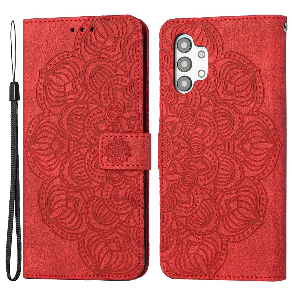 For Samsung Galaxy A13 4G Mandala Flower Imprinted Shockproof Phone Case PU Leather Stand Wallet Phone Shell - Red-1
