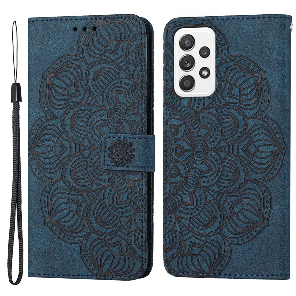 For Samsung Galaxy A23 4G (165.4 x 76.9 x 8.4mm) PU Leather Mandala Flower Imprinted Stand Wallet Phone Case with Strap - Blue-1