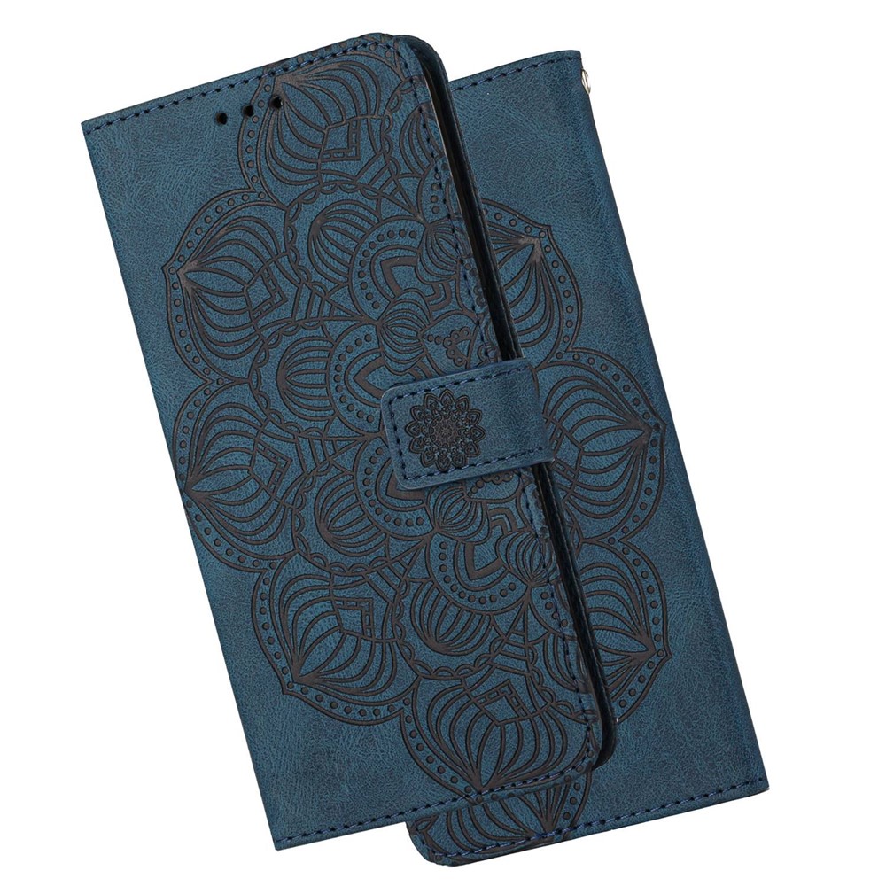 For Samsung Galaxy A23 4G (165.4 x 76.9 x 8.4mm) PU Leather Mandala Flower Imprinted Stand Wallet Phone Case with Strap - Blue-11
