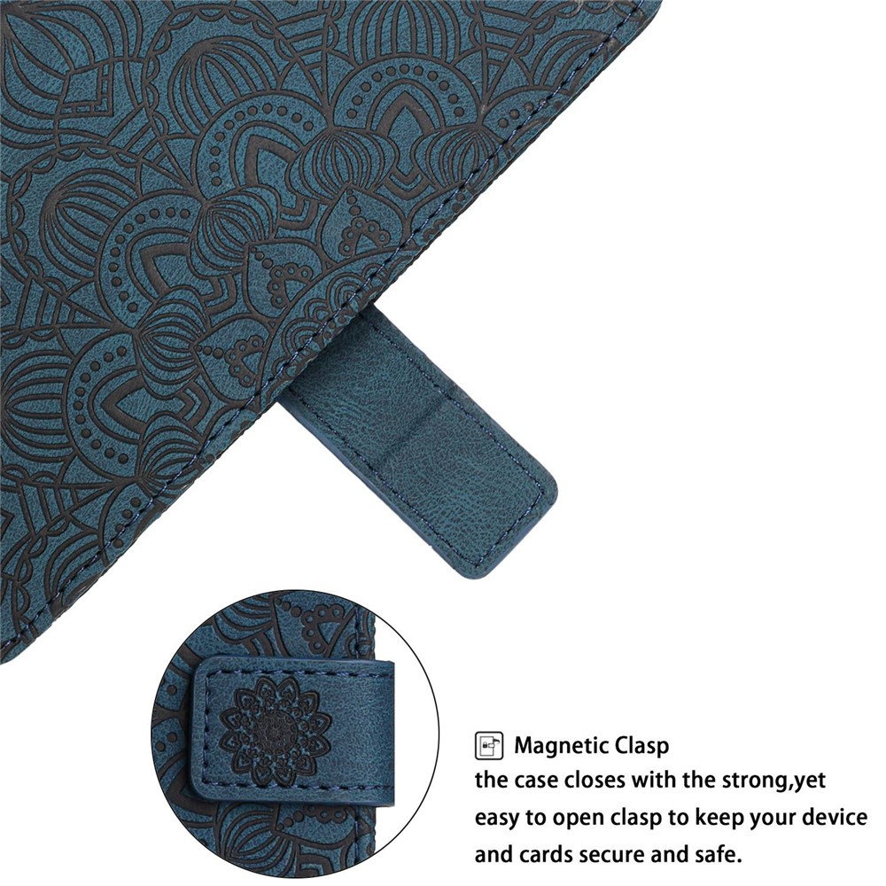 For Samsung Galaxy A23 4G (165.4 x 76.9 x 8.4mm) PU Leather Mandala Flower Imprinted Stand Wallet Phone Case with Strap - Blue-6