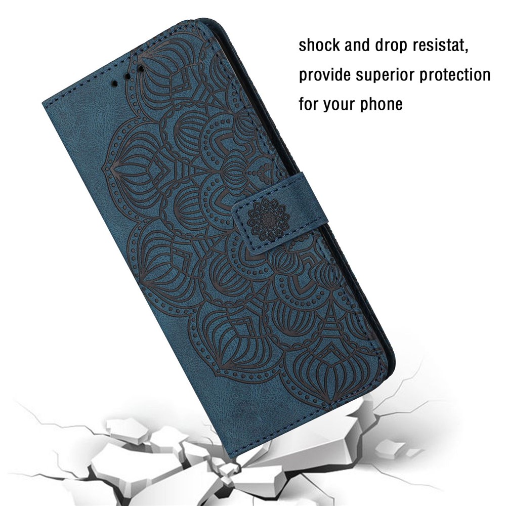 For Samsung Galaxy A23 4G (165.4 x 76.9 x 8.4mm) PU Leather Mandala Flower Imprinted Stand Wallet Phone Case with Strap - Blue-7