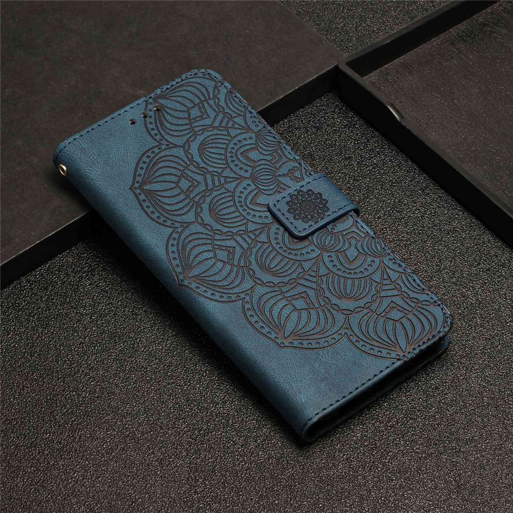 For Samsung Galaxy A23 4G (165.4 x 76.9 x 8.4mm) PU Leather Mandala Flower Imprinted Stand Wallet Phone Case with Strap - Blue-8
