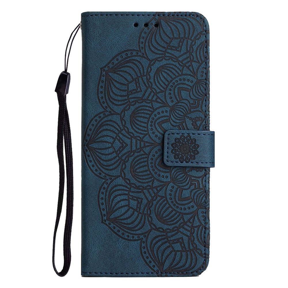 For Samsung Galaxy A23 4G (165.4 x 76.9 x 8.4mm) PU Leather Mandala Flower Imprinted Stand Wallet Phone Case with Strap - Blue-9