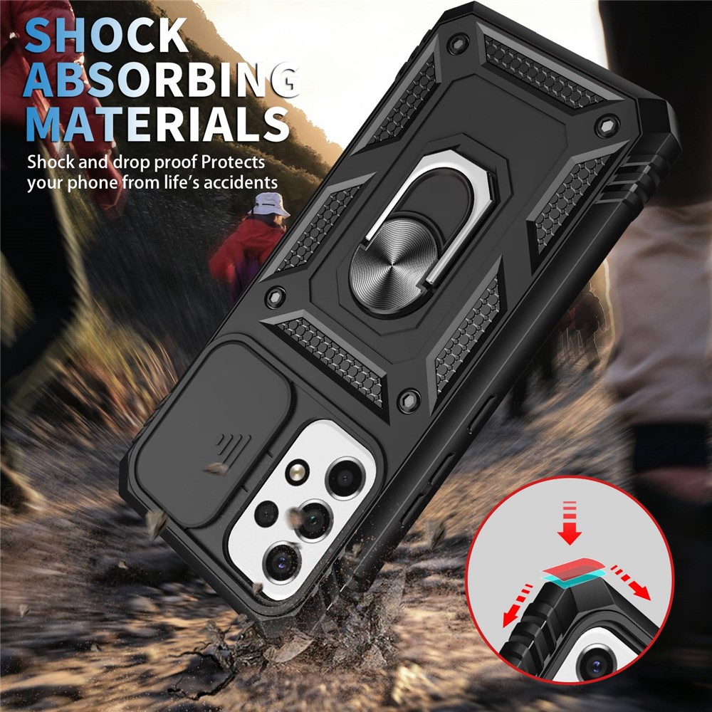 For Samsung Galaxy A53 5G Built-in Kickstand Sliding Camera Cover PC+TPU Phone Case Shockproof Cover with Card Clot - Black-3