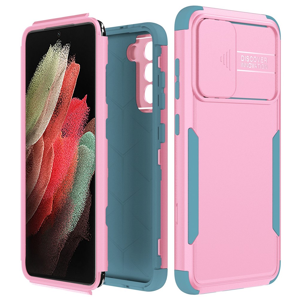 For Samsung Galaxy S21 FE 5G Commuter Series Phone Case Slide Camera Protection Hard PC Soft TPU Shockproof Cover with Slide Lens Protector - Pink/Baby Blue-1