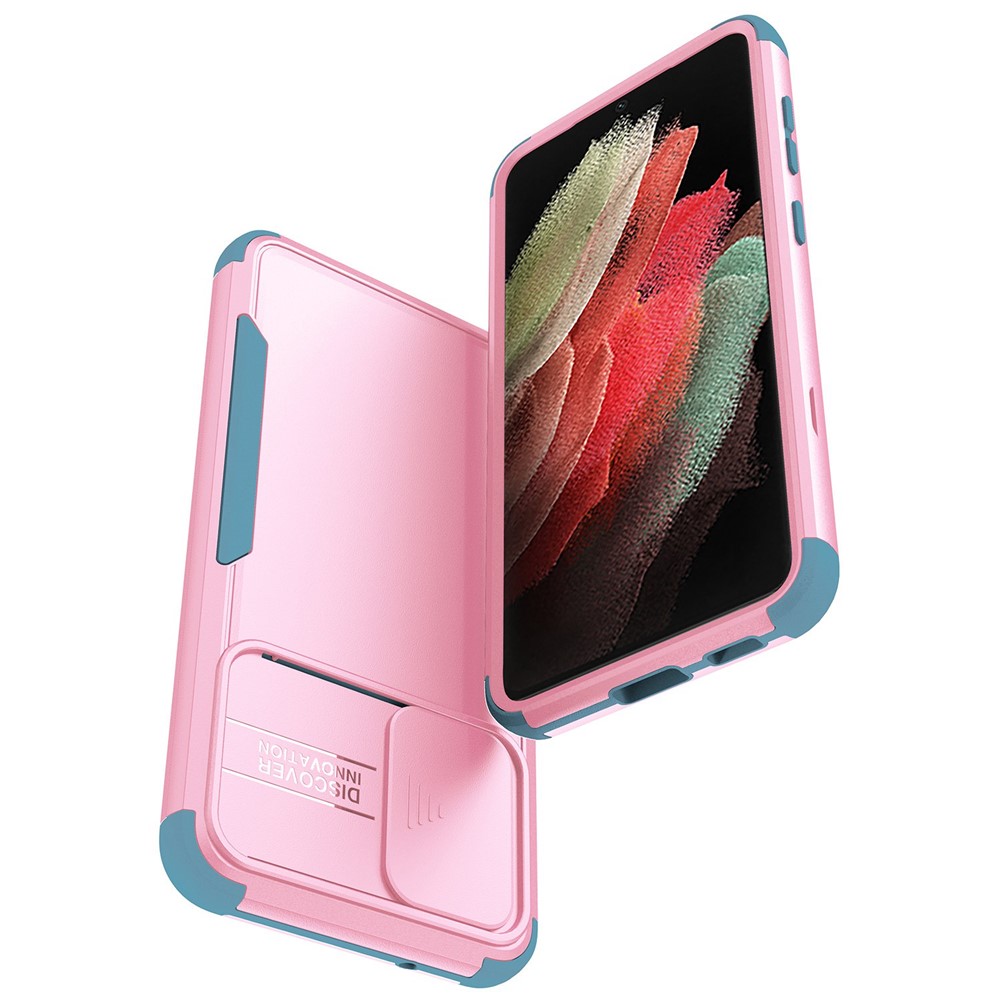 For Samsung Galaxy S21 FE 5G Commuter Series Phone Case Slide Camera Protection Hard PC Soft TPU Shockproof Cover with Slide Lens Protector - Pink/Baby Blue-2