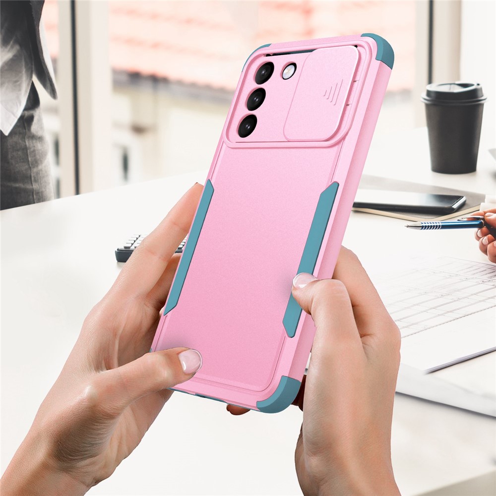 For Samsung Galaxy S21 FE 5G Commuter Series Phone Case Slide Camera Protection Hard PC Soft TPU Shockproof Cover with Slide Lens Protector - Pink/Baby Blue-3