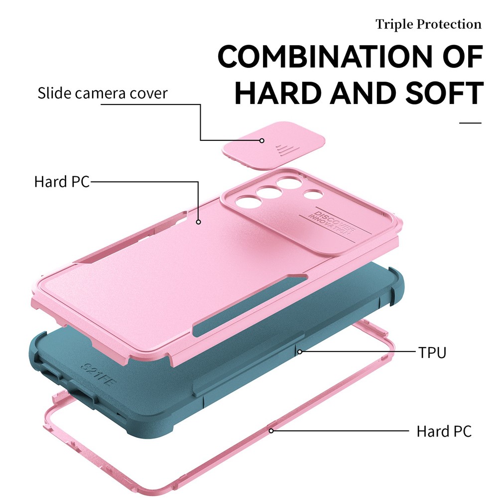 For Samsung Galaxy S21 FE 5G Commuter Series Phone Case Slide Camera Protection Hard PC Soft TPU Shockproof Cover with Slide Lens Protector - Pink/Baby Blue-4