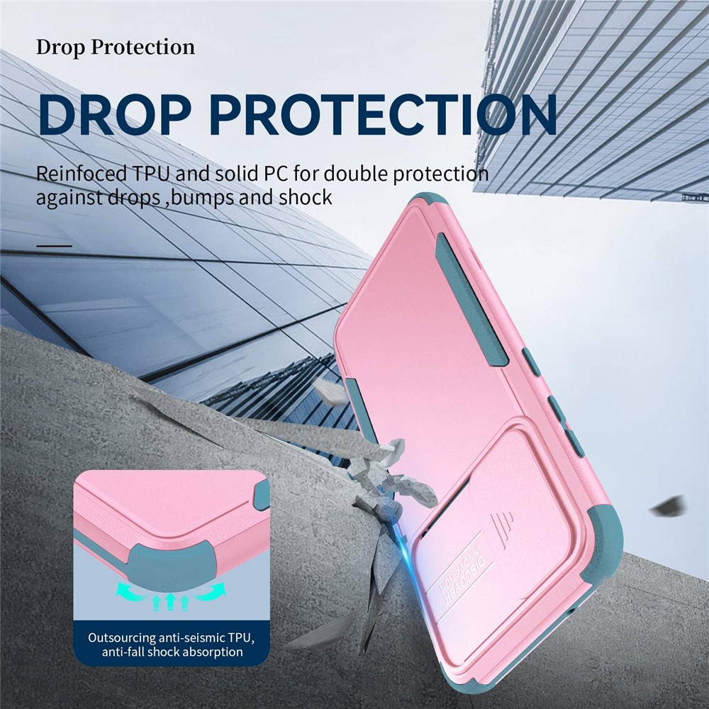 For Samsung Galaxy S21 FE 5G Commuter Series Phone Case Slide Camera Protection Hard PC Soft TPU Shockproof Cover with Slide Lens Protector - Pink/Baby Blue-5