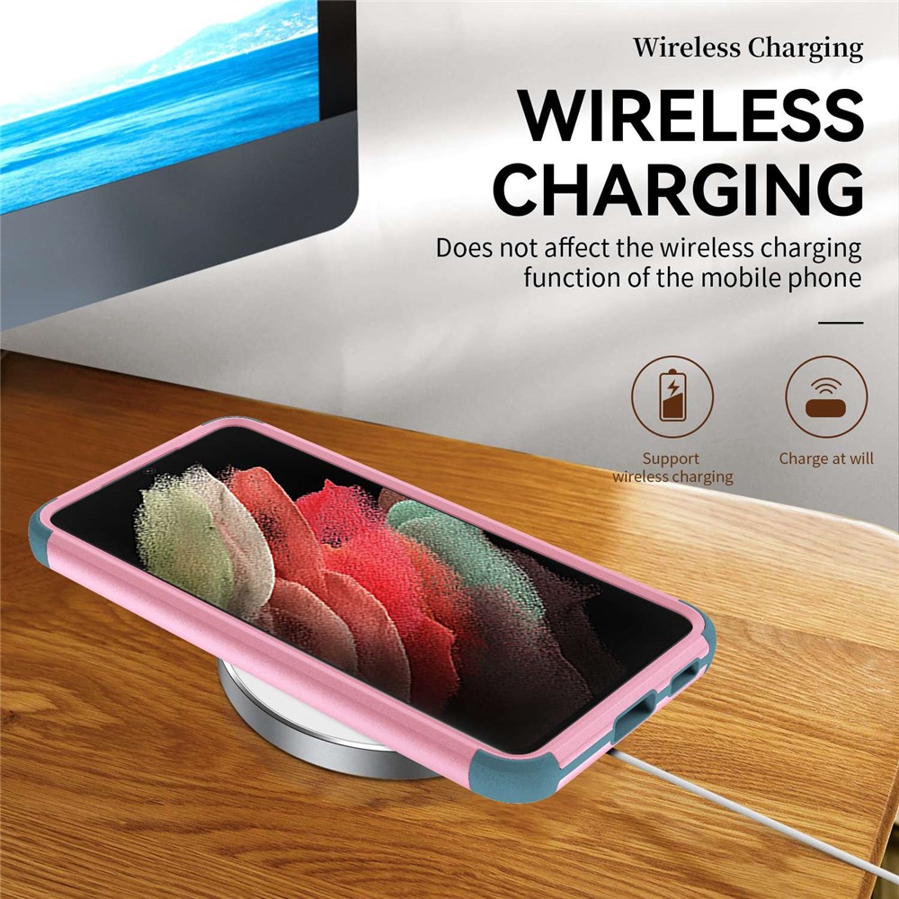 For Samsung Galaxy S21 FE 5G Commuter Series Phone Case Slide Camera Protection Hard PC Soft TPU Shockproof Cover with Slide Lens Protector - Pink/Baby Blue-6