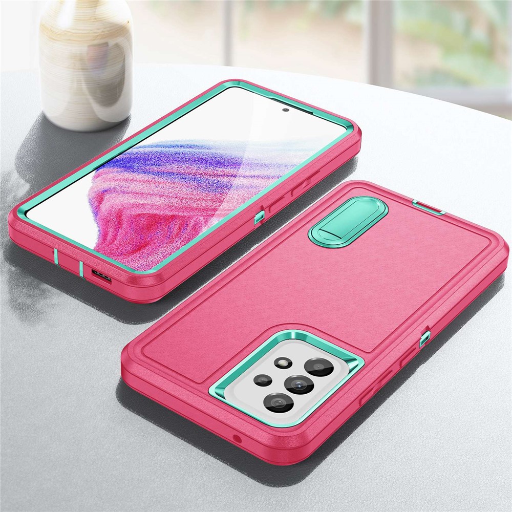 Defender Series Hard PC + Soft TPU Cover for Samsung Galaxy A53 5G, Kickstand Military Drop-proof Shockproof Phone Case - Rose/Light Cyan-7