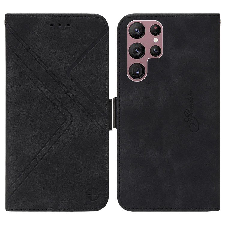 For Galaxy S22 Ultra 5G Geometric Lines Imprinted RFID Blocking Wallet Stand Phone Case Magnetic Closure Cover Shell - Black-1
