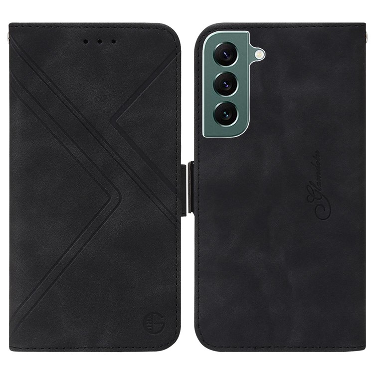 For Samsung Galaxy S22+ 5G Geometric Lines Imprinted RFID Blocking Cell Phone Case Wallet Stand Drop-proof Magnetic Cover Shell - Black-1