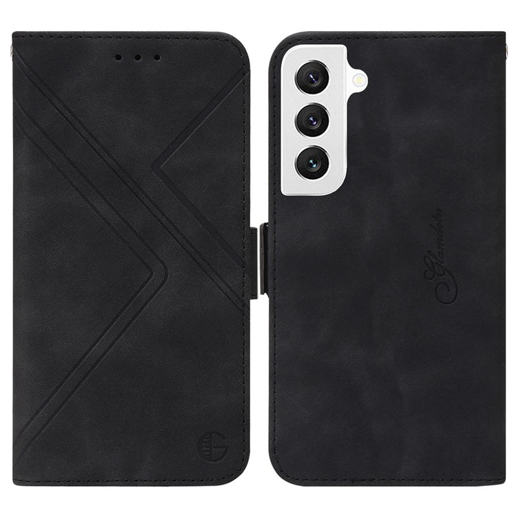For Samsung Galaxy S22 5G RFID Blocking Geometric Lines Imprinted Cell Phone Case Wallet Stand Shockproof Magnetic Cover - Black-1