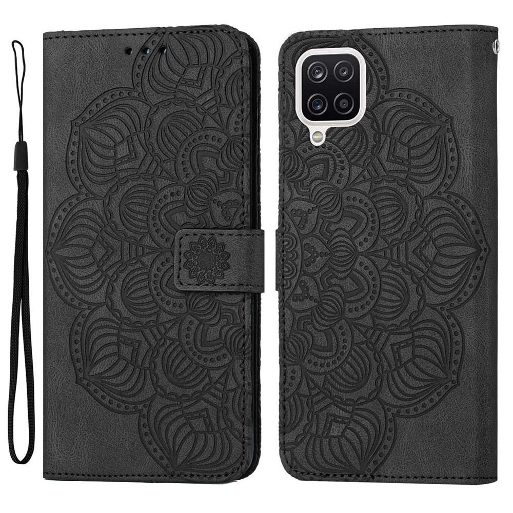 For Samsung Galaxy A12 Shock-absorption PU Leather Phone Case Stand Mandala Flower Imprinted Phone Wallet Cover - Black-1