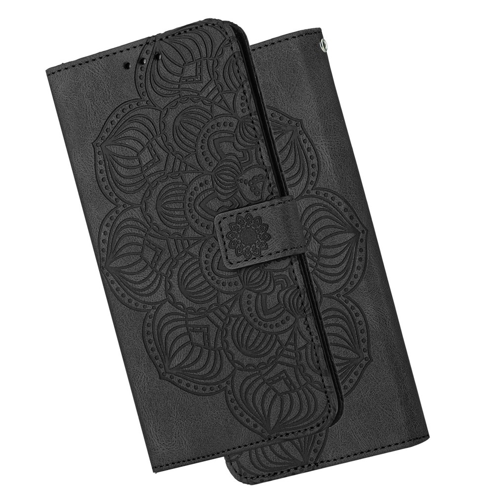 For Samsung Galaxy A12 Shock-absorption PU Leather Phone Case Stand Mandala Flower Imprinted Phone Wallet Cover - Black-5