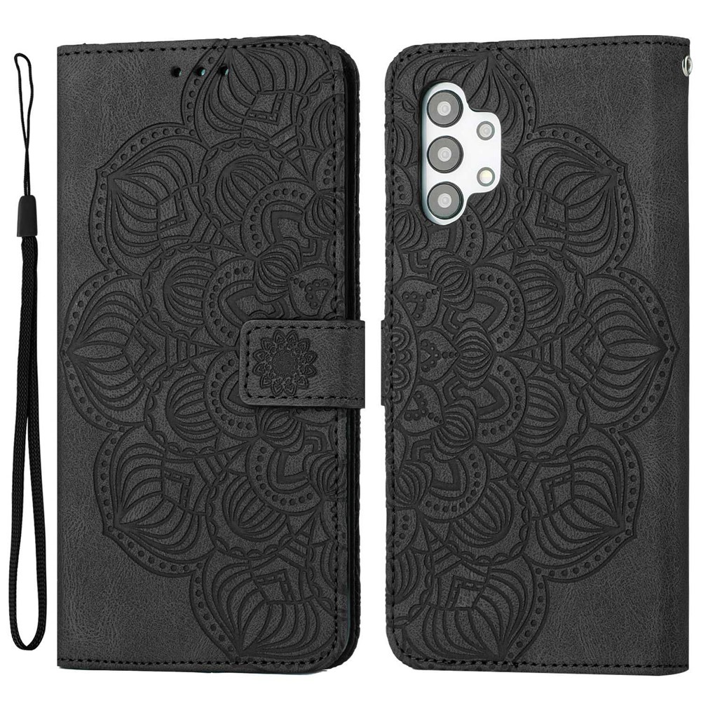 For Samsung Galaxy A32 5G Full Protection Phone Case PU Leather Stand Mandala Flower Imprinted Shockproof Mobile Phone Wallet Cover - Black-1
