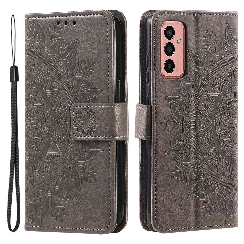 For Samsung Galaxy M13 4G Scratch Resistant Folio Stand Cover Mandala Flower Pattern Imprinted PU Leather Wallet Flip Case with Wrist Strap - Grey-1