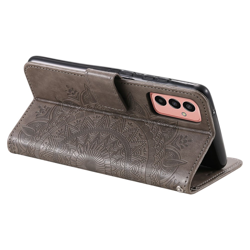 For Samsung Galaxy M13 4G Scratch Resistant Folio Stand Cover Mandala Flower Pattern Imprinted PU Leather Wallet Flip Case with Wrist Strap - Grey-4