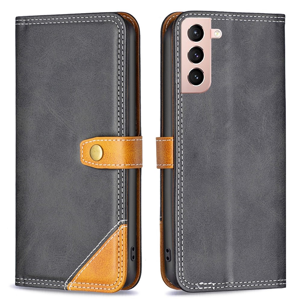 BINFEN COLOR BF Leather Series-8 for Samsung Galaxy S21+ 5G Shockproof Phone Case 12 Style Double Stitching Lines Splicing Leather Cover Stand Function Card Holder - Black-1