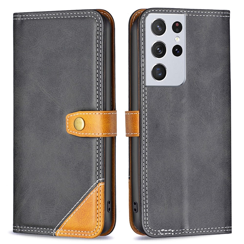 BINFEN COLOR BF Leather Series-8 for Samsung Galaxy S21 Ultra 5G Phone Cover 12 Style Double Stitching Lines Splicing Leather Shockproof Phone Wallet Case Stand - Black-1