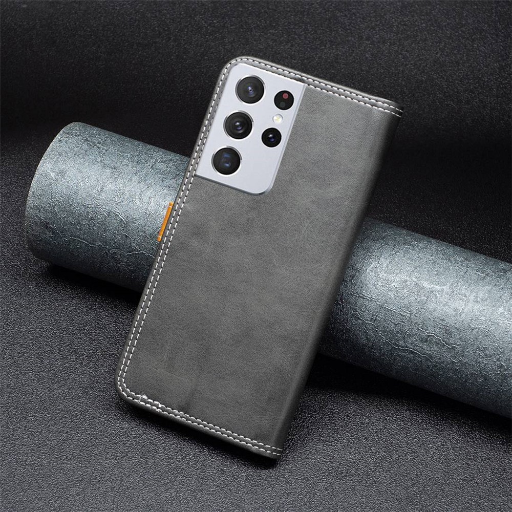 BINFEN COLOR BF Leather Series-8 for Samsung Galaxy S21 Ultra 5G Phone Cover 12 Style Double Stitching Lines Splicing Leather Shockproof Phone Wallet Case Stand - Black-5