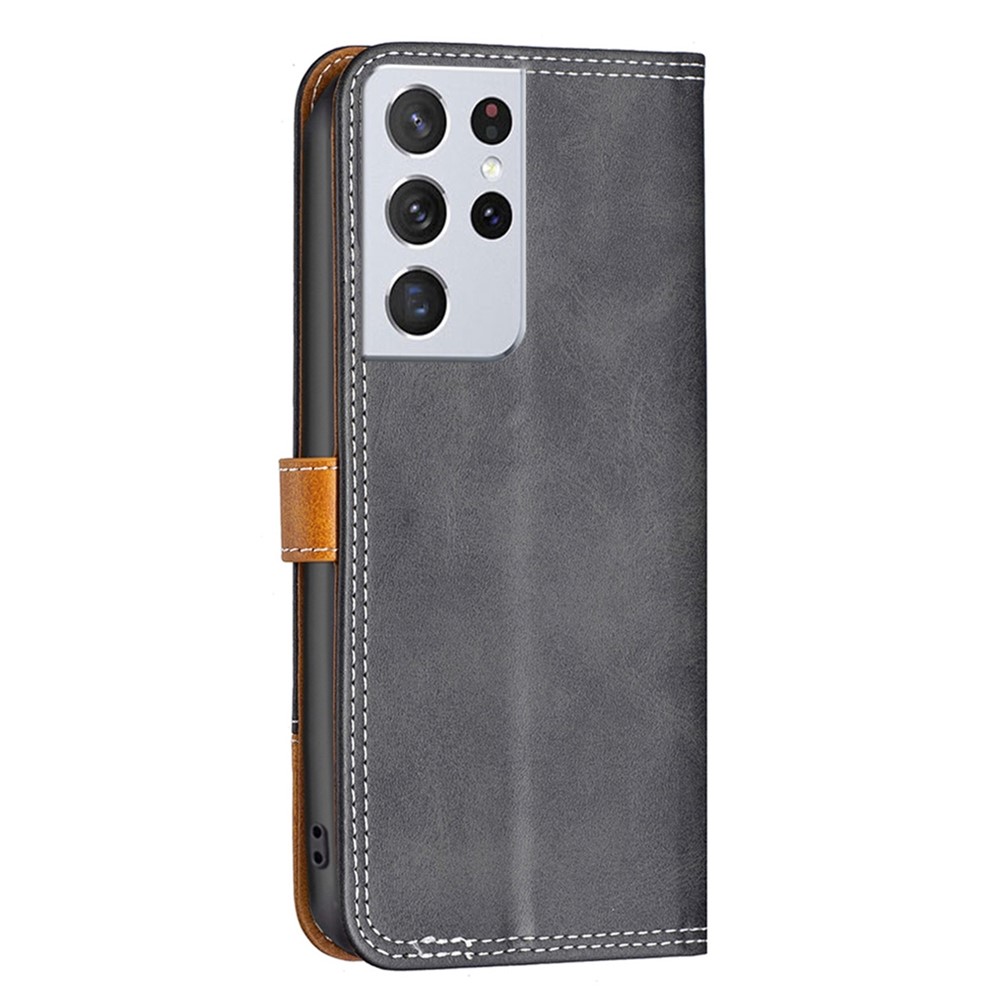 BINFEN COLOR BF Leather Series-8 for Samsung Galaxy S21 Ultra 5G Phone Cover 12 Style Double Stitching Lines Splicing Leather Shockproof Phone Wallet Case Stand - Black-7