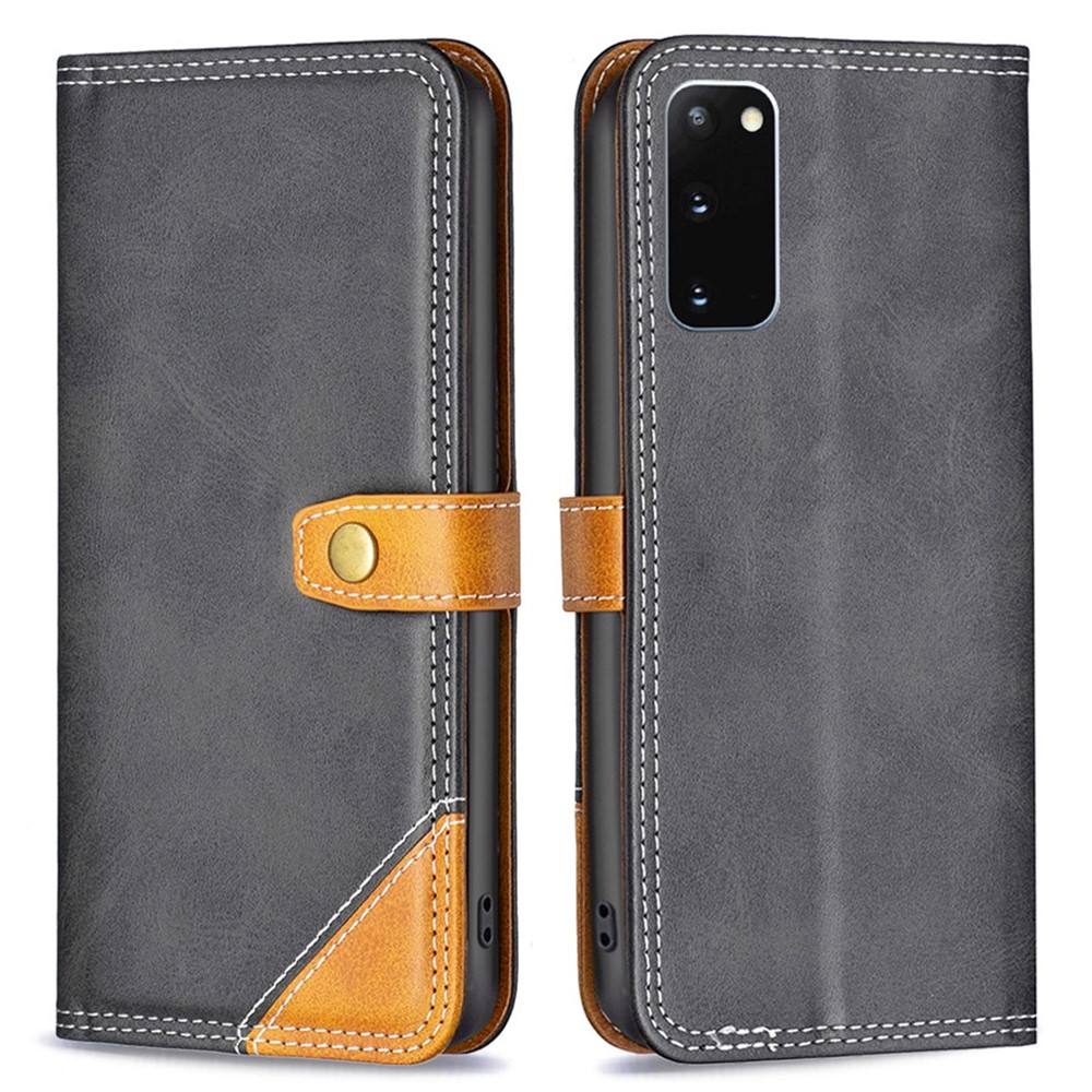 BINFEN COLOR BF Leather Series-8 for Samsung Galaxy S20 4G/5G Anti-drop Phone Case Double Stitching Lines Splicing Leather Card Holder Stand Cover - Black-1