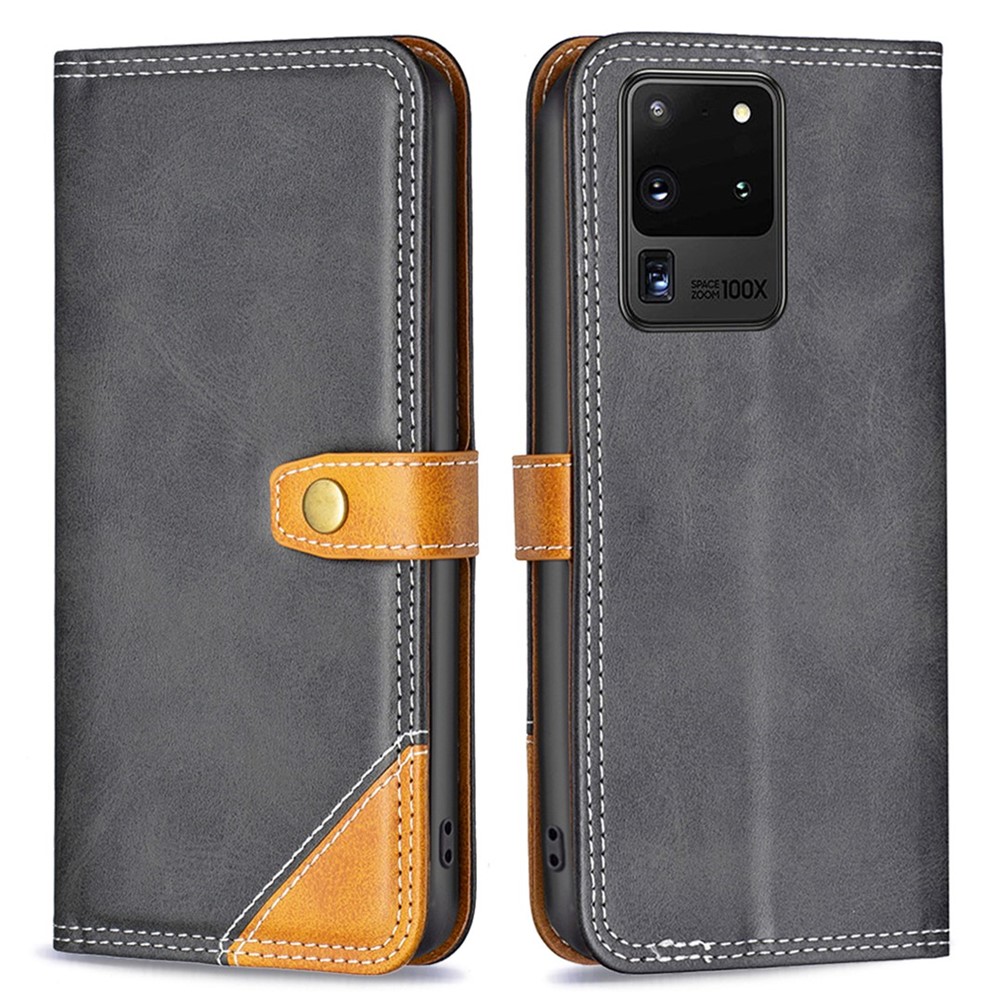 BINFEN COLOR BF Leather Series-8 for Samsung Galaxy S20 12 Style Double Stitching Lines Splicing Leather Phone Case Card Holder Stand Anti-wear Cover - Black-1