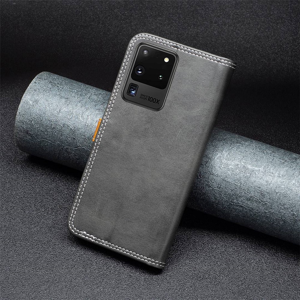BINFEN COLOR BF Leather Series-8 for Samsung Galaxy S20 12 Style Double Stitching Lines Splicing Leather Phone Case Card Holder Stand Anti-wear Cover - Black-5