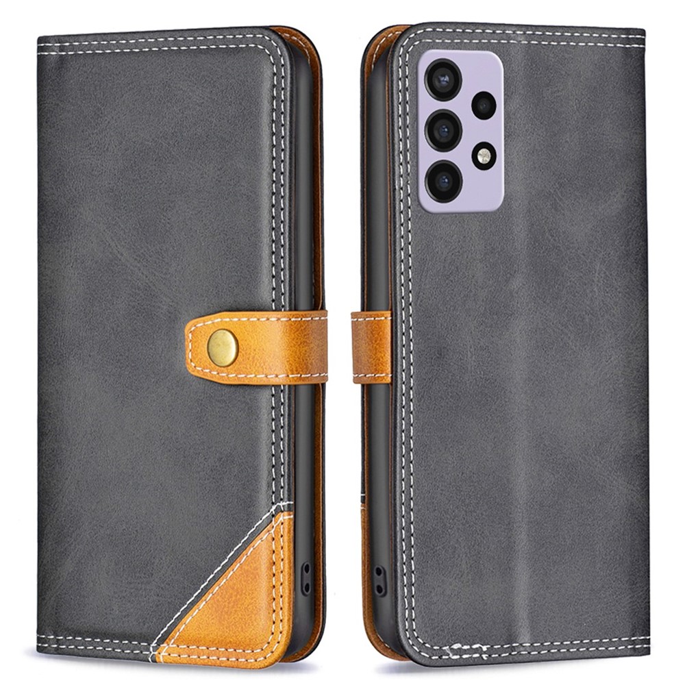 BINFEN COLOR for Samsung Galaxy A72 4G/5G BF Leather Series-8 Drop-resistant Phone Case 12 Style Double Stitching Lines Splicing PU Leather Adjustable Stand Cover - Black-1