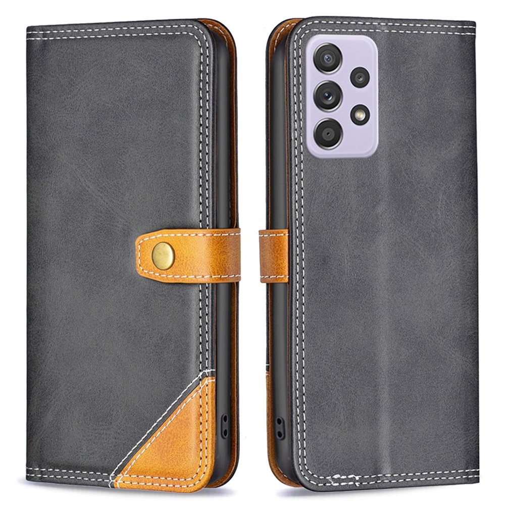 BINFEN COLOR BF Leather Series-8 for Samsung Galaxy A52 4G/5G/A52s 5G Splicing PU Leather Phone Case 12 Style Double Stitching Lines Magnetic Cover with Adjustable Stand - Black-1
