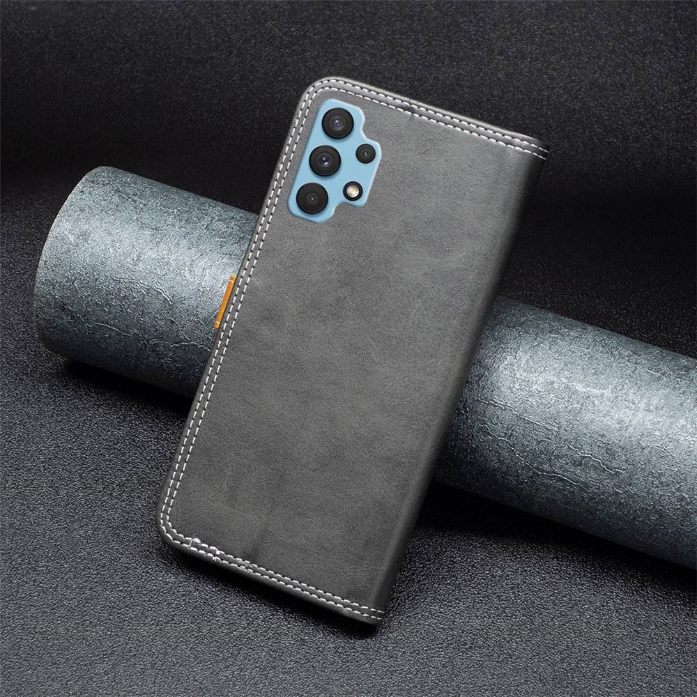 BINFEN COLOR BF Leather Series-8 for Samsung Galaxy A32 4G (EU Version) Phone Case 12 Style Double Stitching Lines Splicing PU Leather Stand Book Flip Cover with Card Holders - Black-5