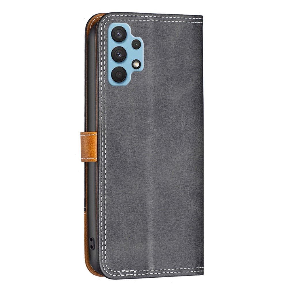BINFEN COLOR BF Leather Series-8 for Samsung Galaxy A32 4G (EU Version) Phone Case 12 Style Double Stitching Lines Splicing PU Leather Stand Book Flip Cover with Card Holders - Black-7