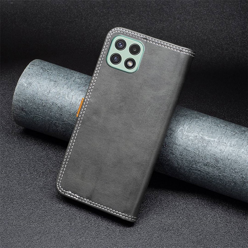 BINFEN COLOR BF Leather Series-8 for Samsung Galaxy A22 5G (EU Version) Splicing Leather Case 12 Style Double Stitching Lines Flip Stand Card Slots Protective Cover - Black-5