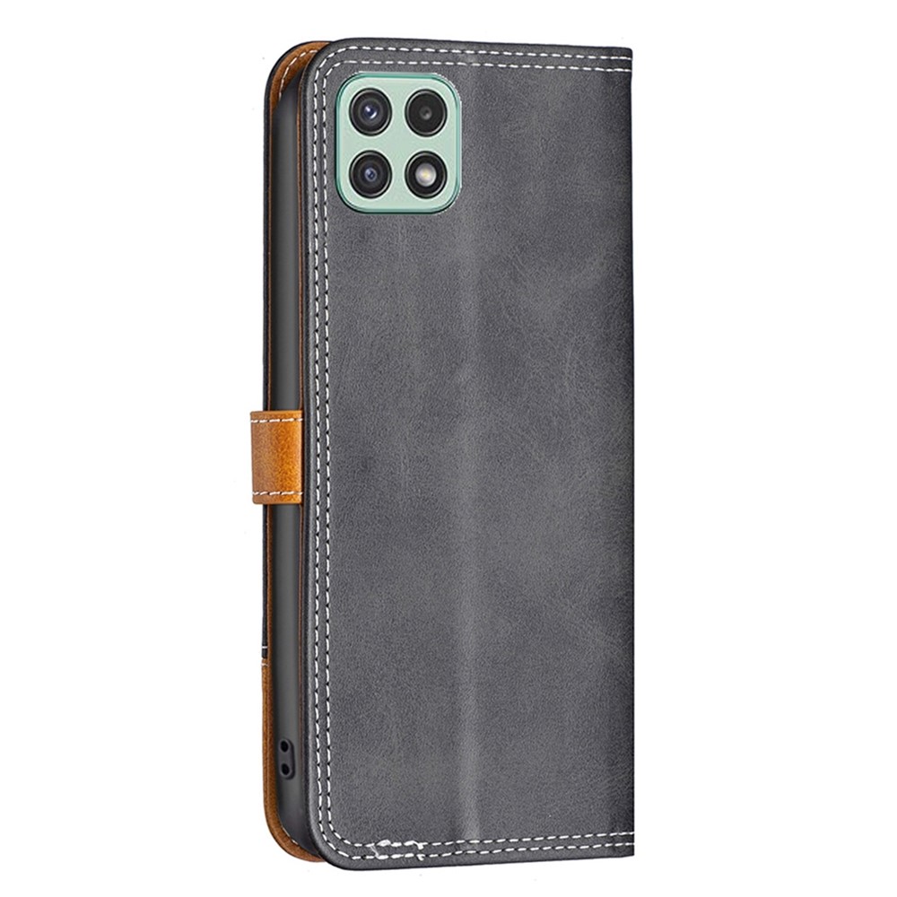 BINFEN COLOR BF Leather Series-8 for Samsung Galaxy A22 5G (EU Version) Splicing Leather Case 12 Style Double Stitching Lines Flip Stand Card Slots Protective Cover - Black-7