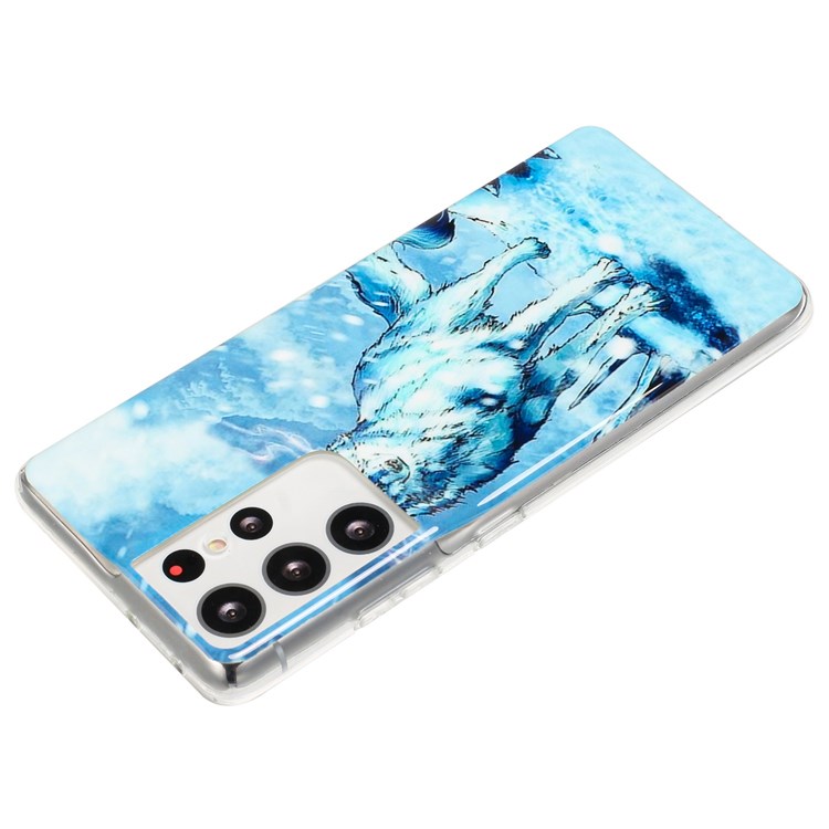 For Samsung Galaxy S21 Ultra 5G 2.0mm Thickened Flexible TPU Cellphone Case IMD Shell Pattern Anti-Scratch Protective Cover - Snow Wolf-2