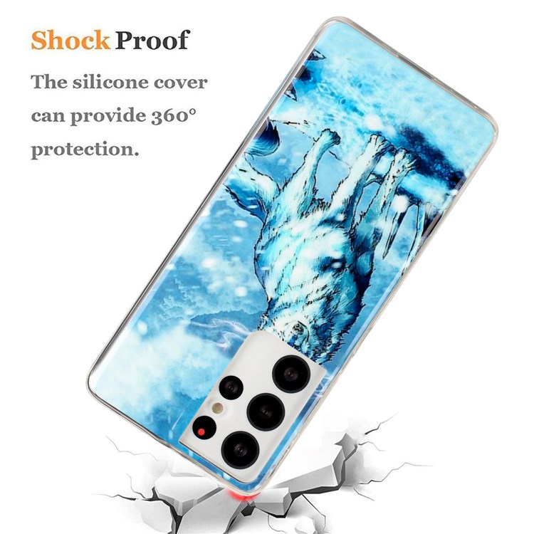 For Samsung Galaxy S21 Ultra 5G 2.0mm Thickened Flexible TPU Cellphone Case IMD Shell Pattern Anti-Scratch Protective Cover - Snow Wolf-3