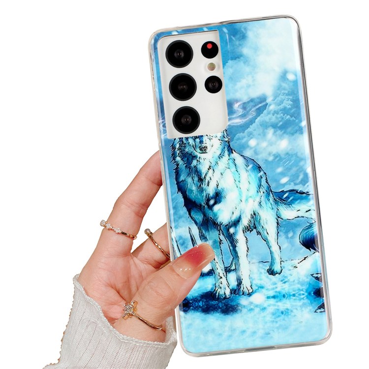 For Samsung Galaxy S21 Ultra 5G 2.0mm Thickened Flexible TPU Cellphone Case IMD Shell Pattern Anti-Scratch Protective Cover - Snow Wolf-4