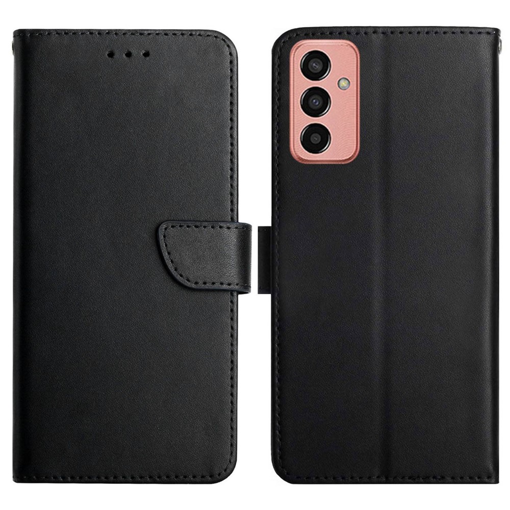 For Samsung Galaxy M13 4G Genuine Leather Nappa Texture Case Wallet Stand Folio Flip Phone Cover - Black-1