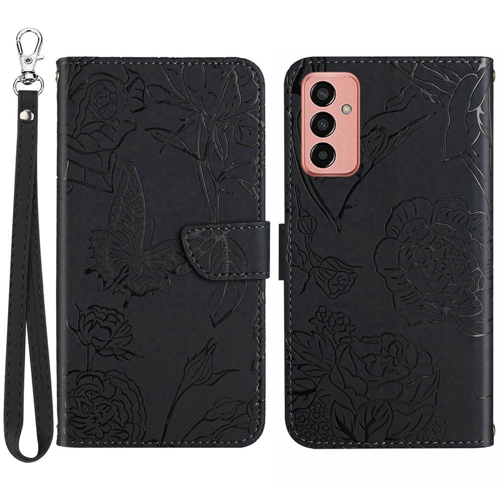 For Samsung Galaxy M13 4G Butterfly Flowers Imprinting Phone Cover PU Leather Wallet Stand Inner TPU Case with Handy Strap - Black-1