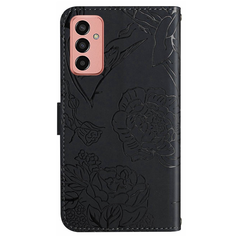 For Samsung Galaxy M13 4G Butterfly Flowers Imprinting Phone Cover PU Leather Wallet Stand Inner TPU Case with Handy Strap - Black-9