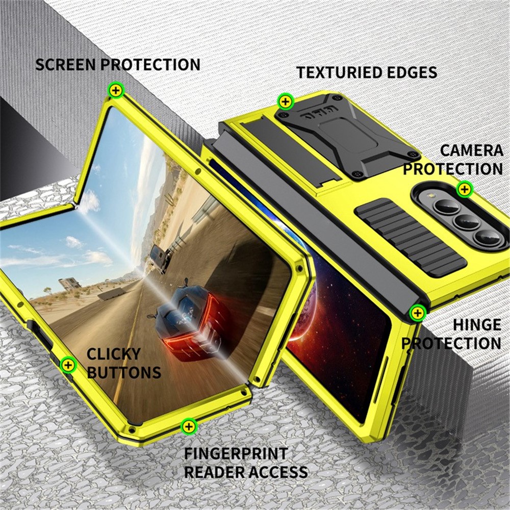 For Samsung Galaxy Z Fold4 5G Anti-shock Phone Case Metal + Silicone + PC Dust-proof Anti-fall Back Cover with Magnetic Kickstand - Yellow-2