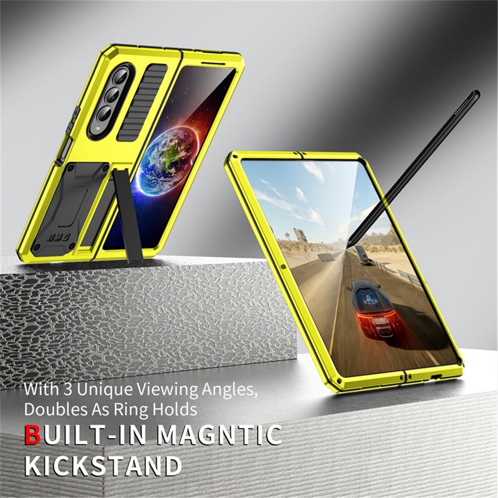 For Samsung Galaxy Z Fold4 5G Anti-shock Phone Case Metal + Silicone + PC Dust-proof Anti-fall Back Cover with Magnetic Kickstand - Yellow-4