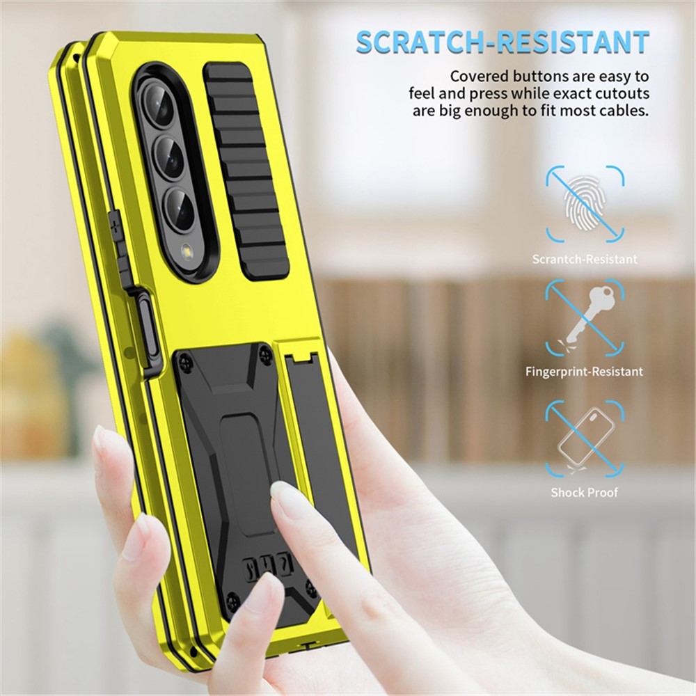 For Samsung Galaxy Z Fold4 5G Anti-shock Phone Case Metal + Silicone + PC Dust-proof Anti-fall Back Cover with Magnetic Kickstand - Yellow-6