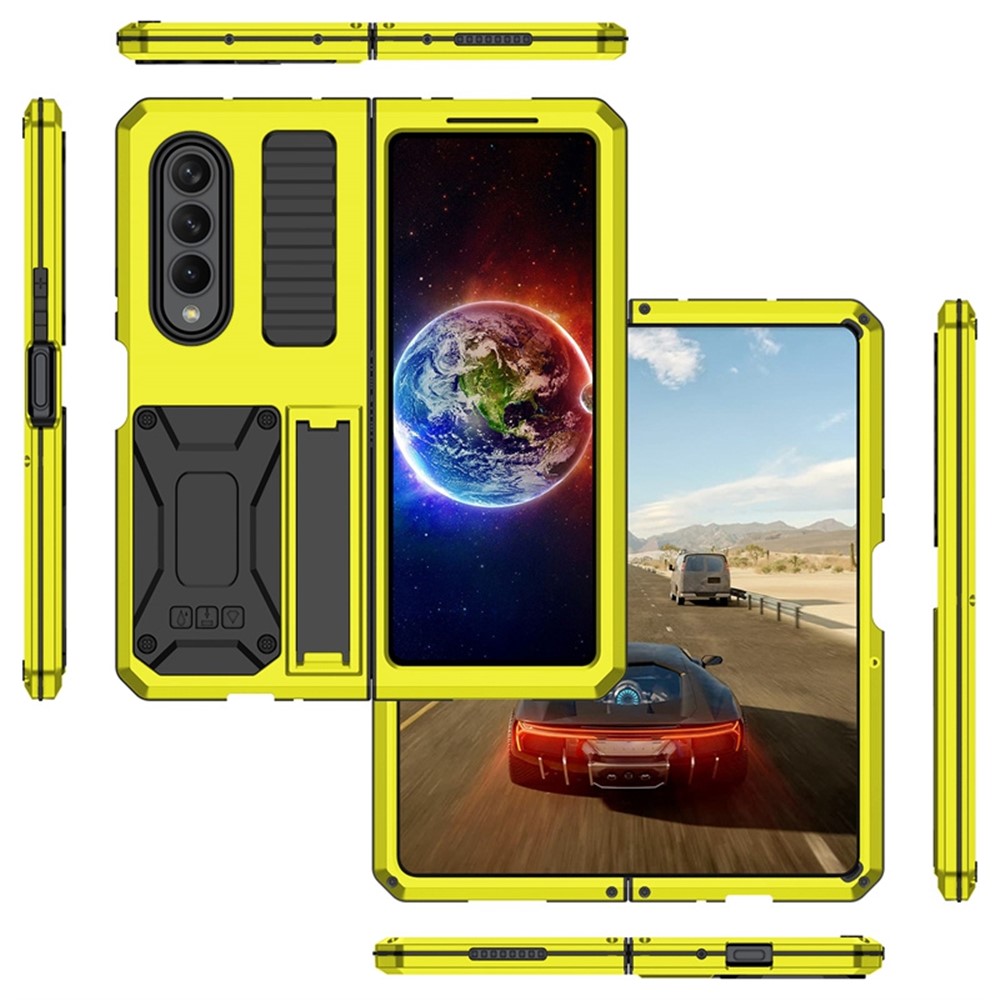 For Samsung Galaxy Z Fold4 5G Anti-shock Phone Case Metal + Silicone + PC Dust-proof Anti-fall Back Cover with Magnetic Kickstand - Yellow-7