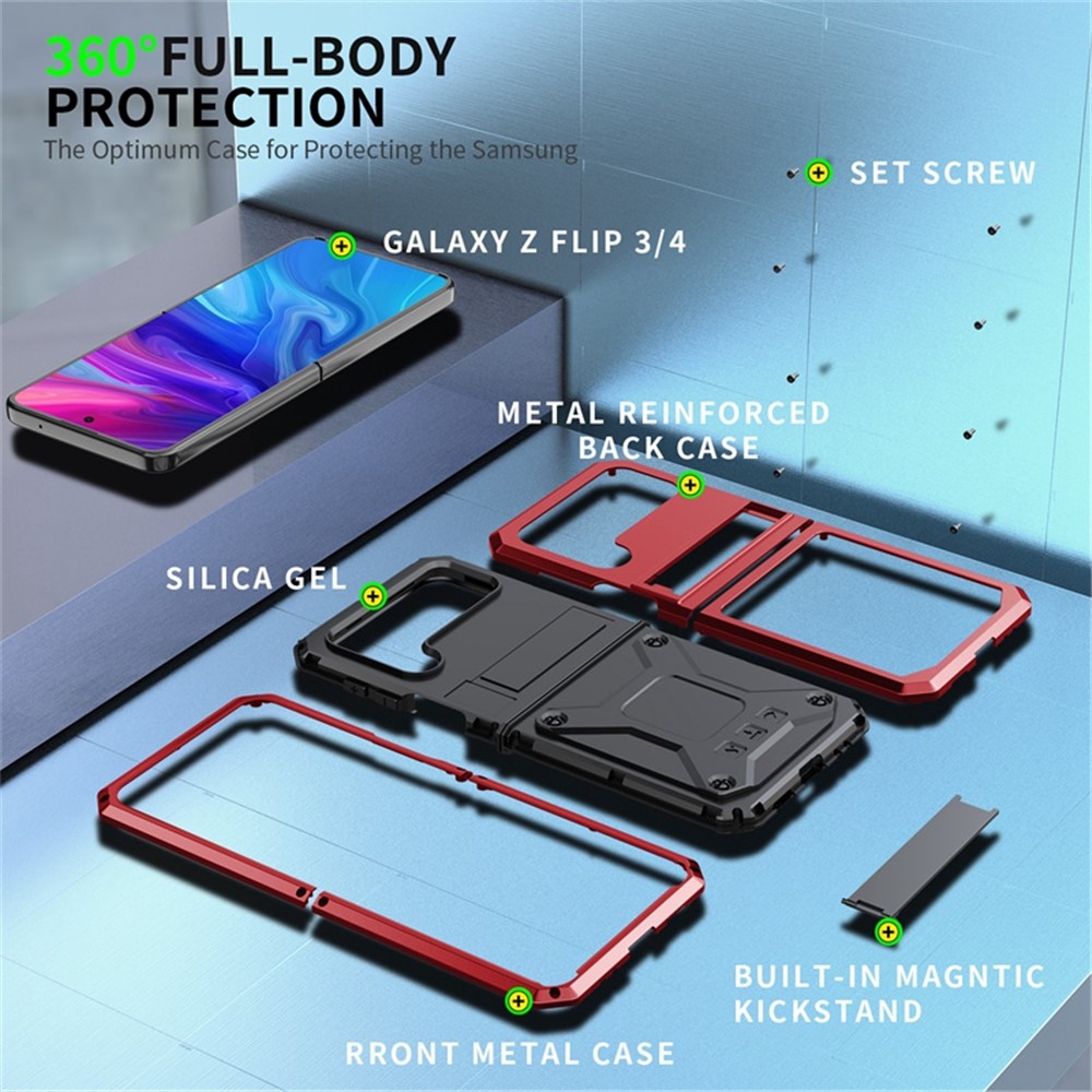 For Samsung Galaxy Z Flip4 5G Phone Case Metal + Silicone + PC Dust-proof Drop-proof Anti-wear Back Cover with Magnetic Kickstand - Red-7