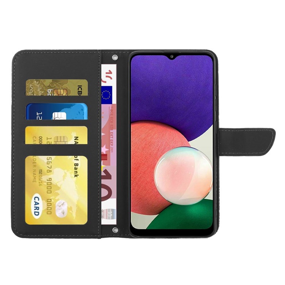 For Samsung Galaxy A02s (164.2x75.9x9.1mm) / F02s Butterfly Flowers Imprinting Leather Cover Wallet Stand Rhinestone Decor Phone Case with Shoulder Strap - Black-2